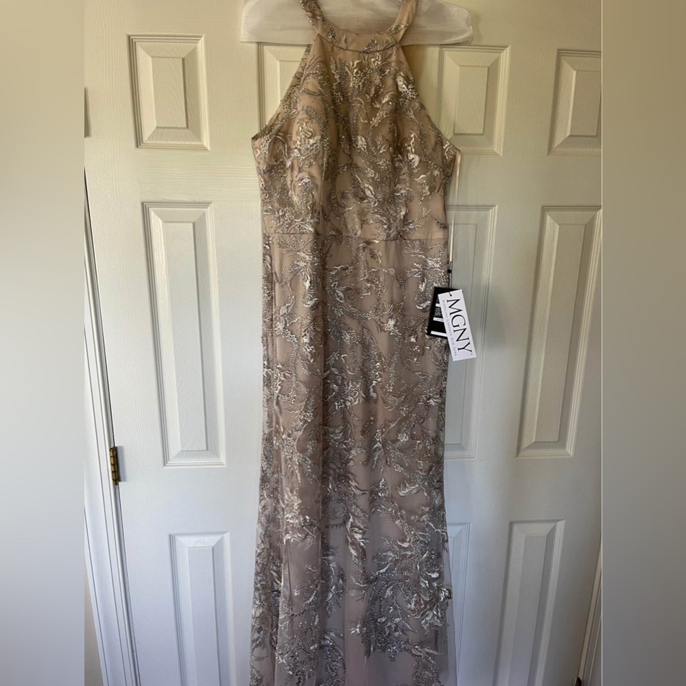 MGNY by MoriLee Embellished Halter Maxi Dress